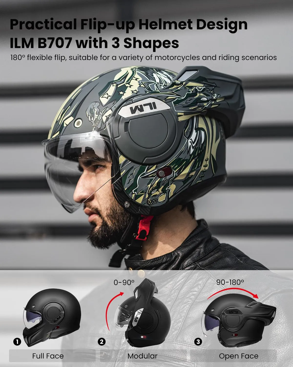ILM Vintage Full Face Modular Motorcycle Helmet Model B707